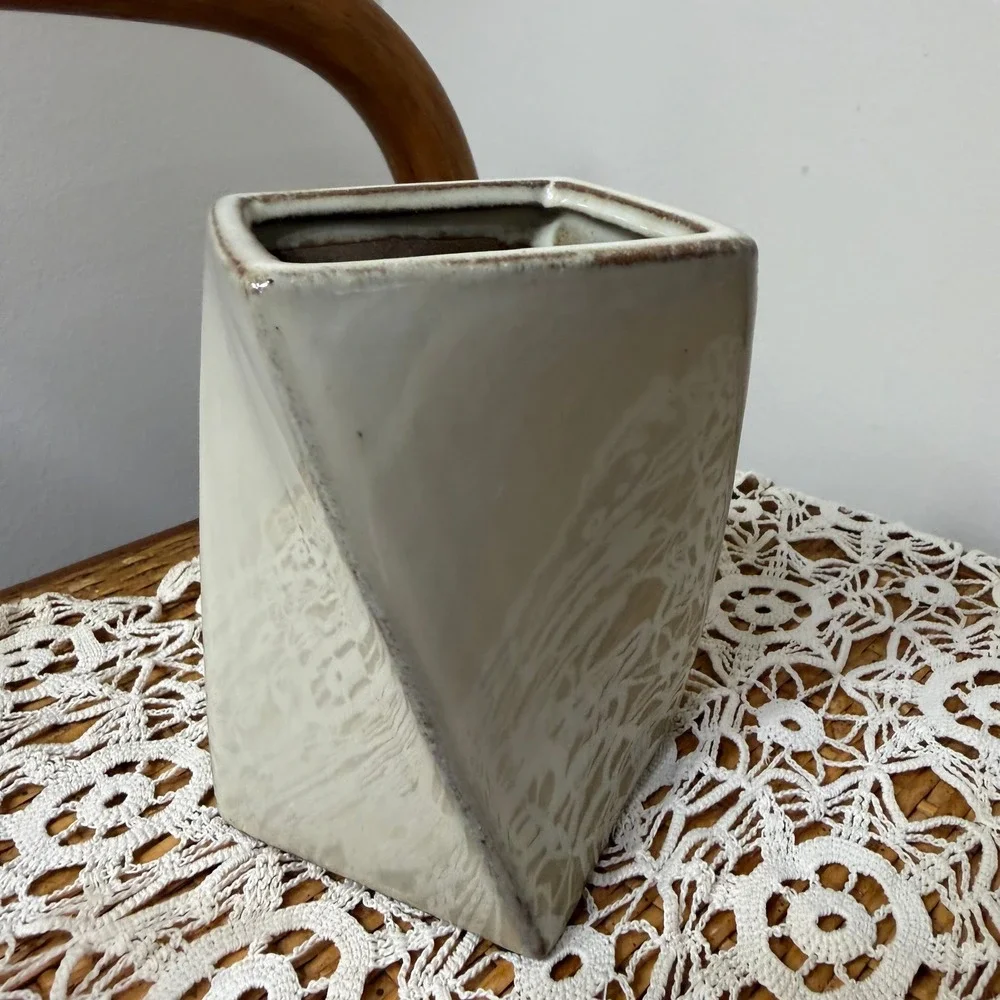 Modern Asymmetric Ceramic Vase Ivory Bronze Drip Glaze Geometric Wedge Decor